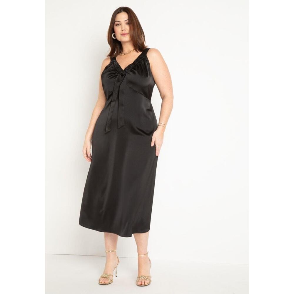 ELOQUII Black Satin Midi Dress 24 Ruched Tie Neck Sleeveless Cocktail Formal NWT